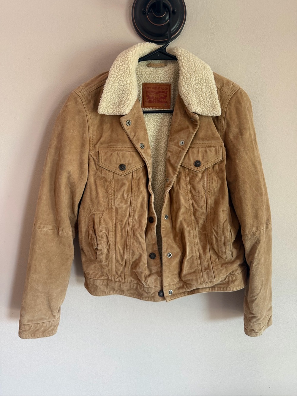 Levis Mens Tan Suede Sherpa Lined Trucker Jacket Brown Size M